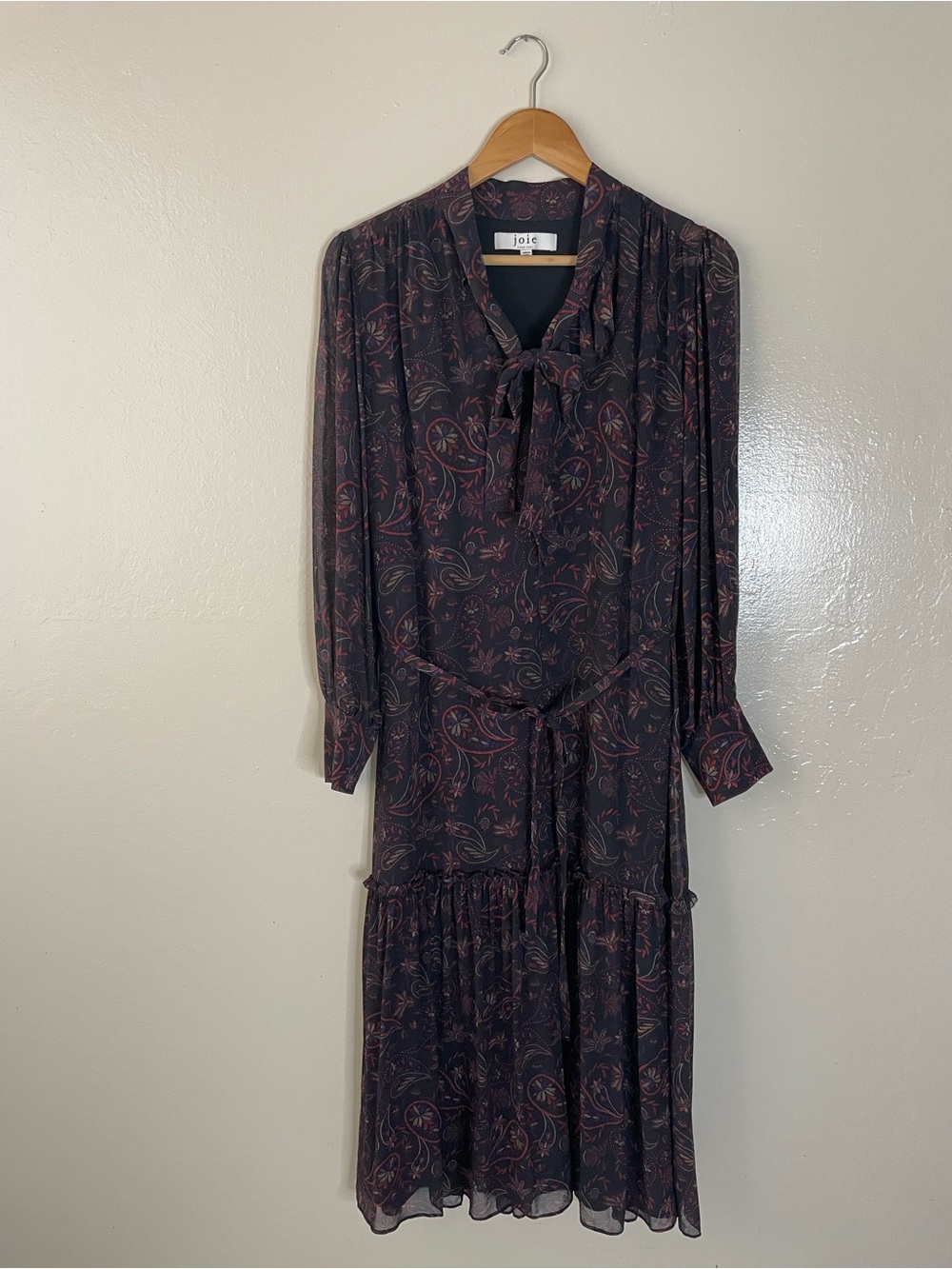 Joie Black Paisley Silk Tie-Neck Midi Dress